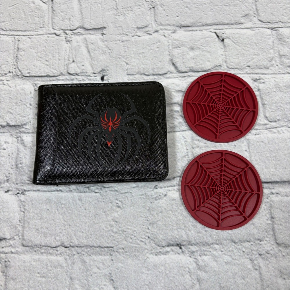 Black Spider Graphic Bifold Wallet and Red Spiderweb Silicone Coasters Set